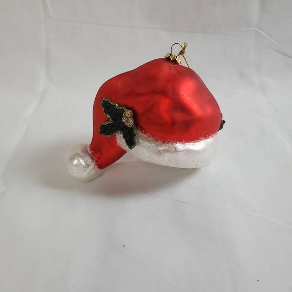 Vintage Hand-Painted Santa Hat Glass Ornament with Holly Leaves – 5" Red & White - Picture 1 of 7